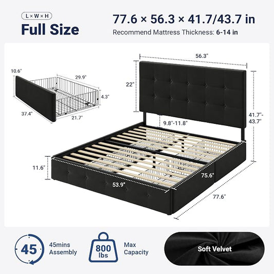 Allewie Upholstered Full Size Platform Bed Frame with 4 Storage Drawers and Adjustable Headboard, Square Button Tufted, Wooden Slats Support, Noise-Free, No Box Spring Needed, Easy Assembly, Black