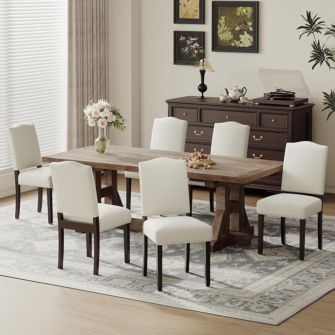 Upholstered Parsons Dining Chairs Set of 6, Modern Dining Room Chairs with Back, Fabric Kitchen Side Chairs with Wood Legs, Nailhead Trim for Dinner Farmhouse Restaurant, Beige
