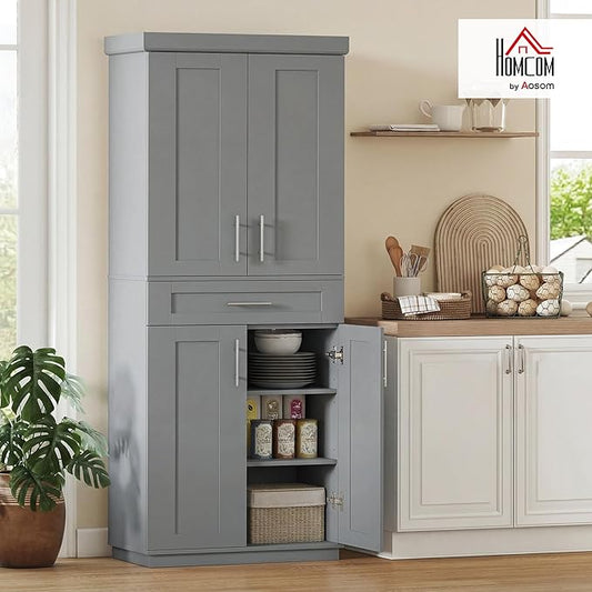 HOMCOM 72" Kitchen Pantry Cabinet, Freestanding Tall Storage Cabinet with 4 Doors, Drawer and 3 Adjustable Shelves for Dining Room, Gray
