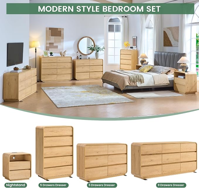 Standifurno Natural Dresser for Bedroom with 9 Drawers, 63" Wide Modern Drawers with Curved Design, Wood Drawer Organizer for Living Room, Hallway