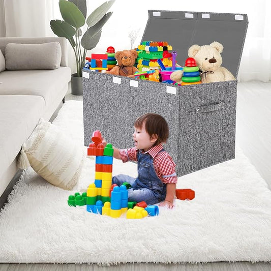 Collapsible Toy Storage Bin with Lid, 82L Large Capacity - Gray Neutral Space-Saving Organizer for Playroom, Bedroom & Nursery, Foldable Design