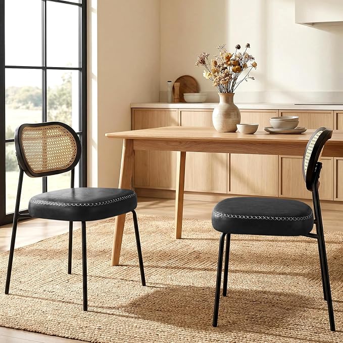 Rattan Dining Chairs Set of 4, Upholstered Dining Chairs with Handwoven Cane Back, Mid Century Modern Kitchen & Dining Room Chairs with Thick Cushion and Metal Frame, 300 lbs Capacity, Black