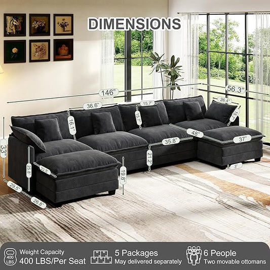 146" Cloud Couch Sectional, U Shaped Modular Sectional Sofa, 4-Seat Deep Seat Couch with 6 Removable Washable Pillows and 2 Ottoman for Living Room, Bedroom, Apartment, Black