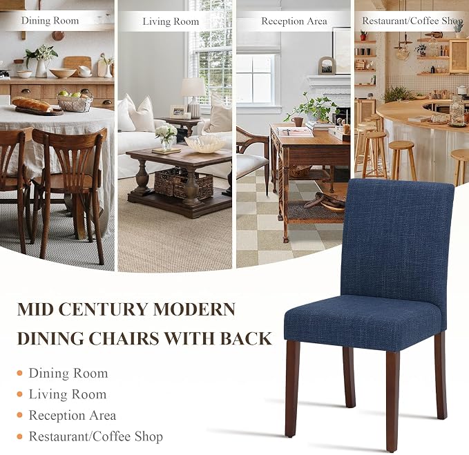 Upholstered Parsons Dining Chairs Set of 2, Modern Dining Room Chairs with Back, Fabric Kitchen Side Chairs with Wood Legs for Dinner Farmhouse Restaurant, Blue