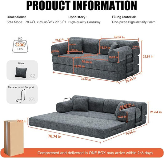 78.8" Memory Foam Boneless Couch, Corduroy Floor Sofa Bed, Convertible Sleeper Futon Loveseat, Wide Armrest & Back Support, Supports Up to 1200lbs, Couch in a Box with 2 Pillows, Charcoal Gray