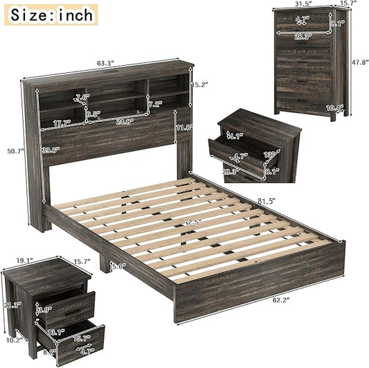 5 Piece Bedroom Furniture Sets, Rustic Style Bedroom Furniture Sets with 1 Queen Size Platform Bed, 2 Drawers and 1 Dresser for Living Room, Farmhouse Bedroom Set, Antique Gray