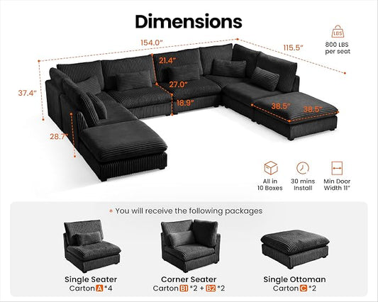 154" Oversized Corduroy Couch Modular Sectional Sofa, Washable Cloud Couch Sectional with 4 Ottoman, 8 Seater Sectional Couches for Living Room, Fully Cover Removable, Sleeper Sofa, Corduroy, Black