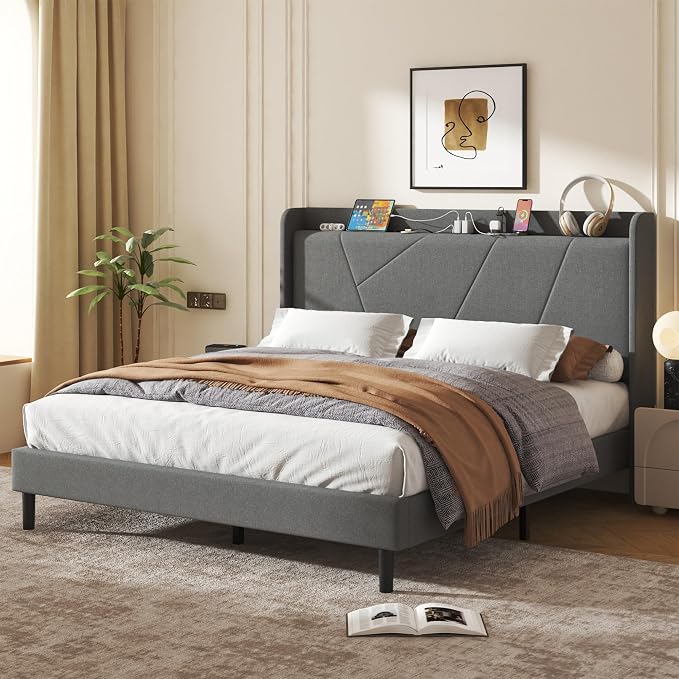 King Size Linen Bed Frame, Storage Headboard with Charging Station, Upholstered Platform Bed with Wooden Slats Support, Solid and Stable, Noise Free, No Box Spring Needed, Easy Assembly, Gray