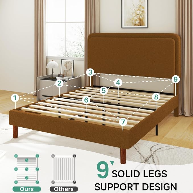 Full Size Boucle Upholstered Bed Frame with Adjustable Headboard, Cloud Platform Bed, Solid Wooden Legs, No Box Spring Needed, Easy Assembly, Brown