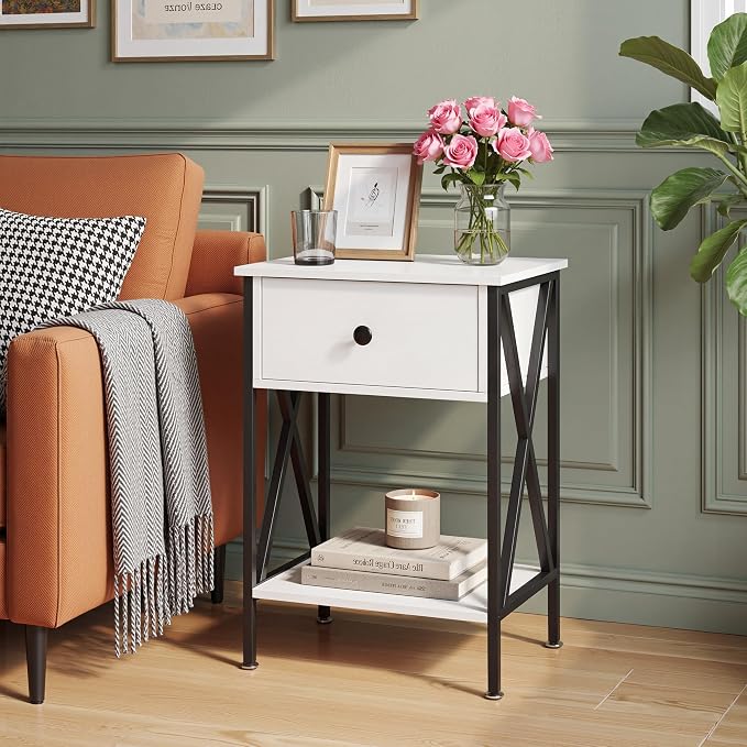 VECELO Nightstands Set of 2, Modern Bedside End Tables, Night Stands with Drawer and Storage Shelf for Living Room Bedroom, Industrial Metal Frame