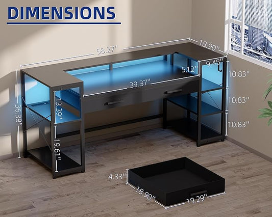 Pamray 58 Inch Computer Desk with Monitor Stand and Shelves Gaming Desk with LED Lights & Power Outlets PC Vanity Table with 2 Drawers for Home Office Grey