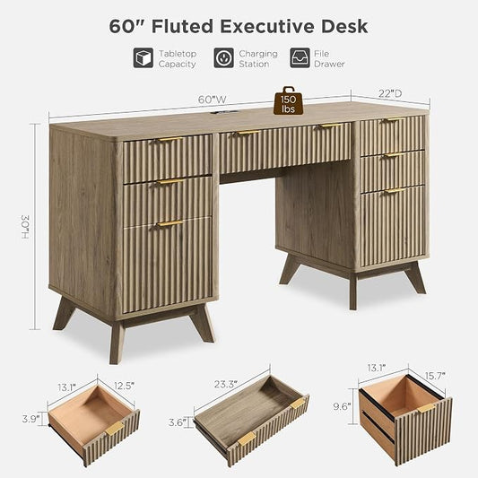 T4TREAM Fluted Executive Desk with Drawers, 60" Modern Home Office Computer Desk with Charging Station, File Cabinet, Keyboard Tray and Storage Cabinet for Study, Living Room, Bedroom, Alder Grey