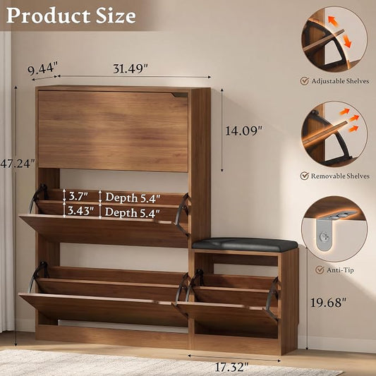 BORNOON Shoe Cabinet with Bench and 3 Flip Drawers, Slim Narrow Shoe Storage Cabinet, Freestanding Shoe Rack Organizer with Adjustable & Removable Shelves, Anti-Tip for Entryway, Hallway, Foyer