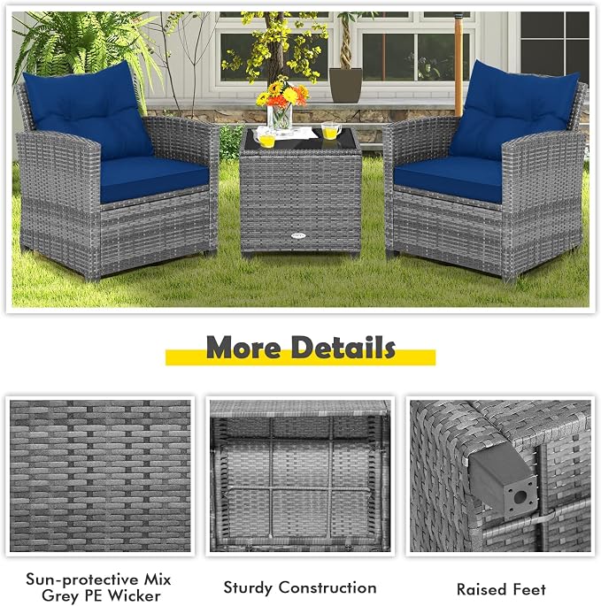 COSTWAY 3-Piece Patio Furniture Set, Outdoor Wicker Rattan Sofa with Cushions, Coffee Table with Tempered Glass, Conversation Sofa Set for Poolside Backyard Balcony (Navy)