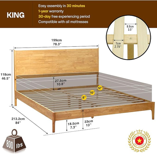 Acacia Haven King Size Bed Frame and Headboard, Solid Wood Platform Bed Frame Scandinavian Bed Compatible with All Mattress Types, No Box Spring Needed, 800lbs Wood Slats Support, Natural Oak