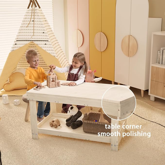 Kids Activity Table with Board and Storage Compatible with Lego, Wooden Play Table for Drawing, Building Blocks, Reading, Boys Girls Gifts