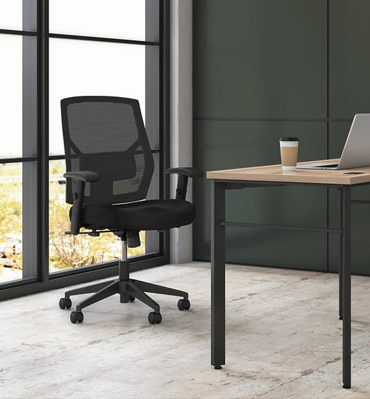 HON Crio Ergonomic Mesh Office Chair, High‑Back Desk Chair with Adjustable Arms, Lumbar Support, Center‑Tilt Swivel Seating for Computer Desks and Home Office, Black Frame, Black