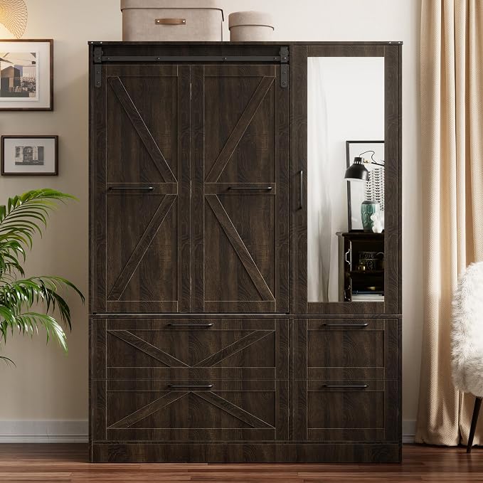 PAKASEPT Armoire Wardrobe Closet with w/Folding Sliding Barn Door | Bedroom Armoires with Mirror and LED Lights, Hanging Rod, Clothing Storage Cabinet for Bedroom (3 Doors)