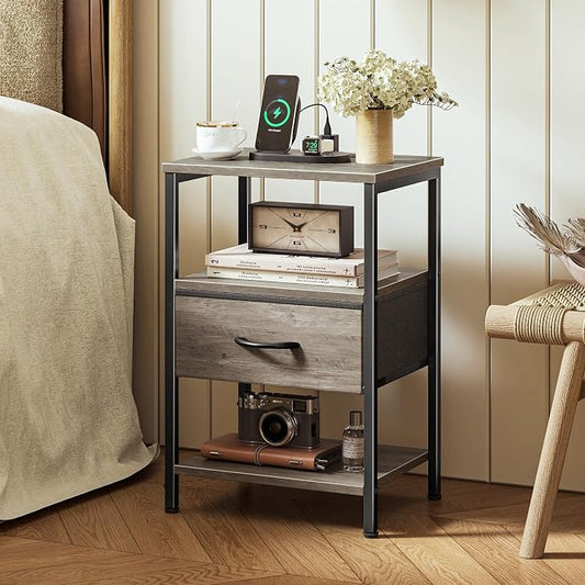 SUPERJARE Nightstand with Charging Station, Bed Side Table with Adjustable Fabric Drawer, Night Stand for Bedroom, 3-Tier Storage End Table, for Living Room, Oak