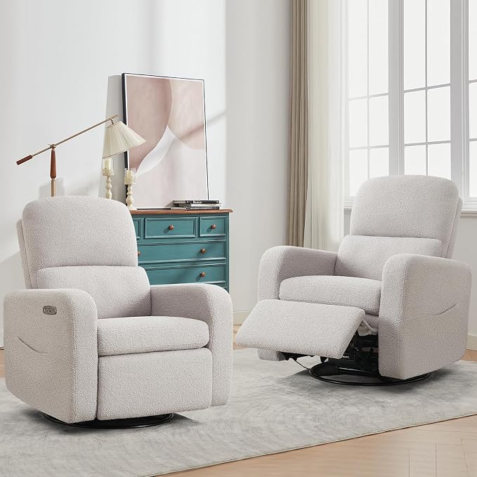 Power Swivel Rocker Recliner, Oversized Electric Boucle Recliner Chair, Teddy Swivel Glider Nursery Reclienr with Removable Cushion, Upholstered Recling Chair for Living Room Bedroom, Grey