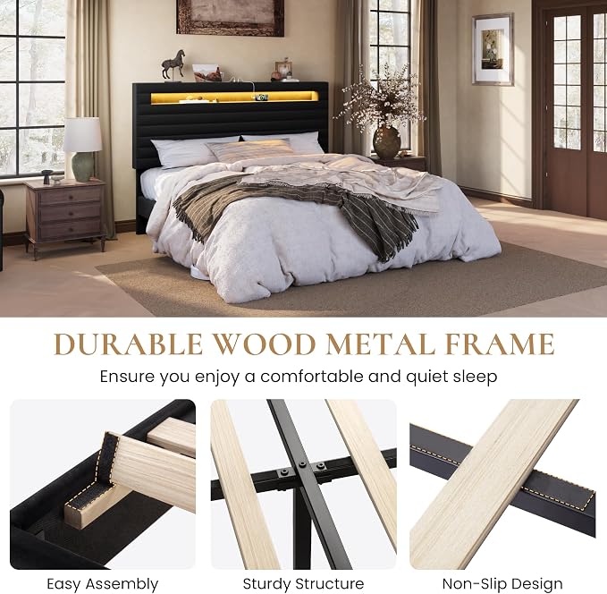 SHA CERLIN King Bed Frame with LED Light & 2-Tier Storage Shelf, Velvet Upholstered Adjustable Headboard with Charing Station, Horizontal Channel Tufted, No Box Spring Needed, Easy Assembly, Black