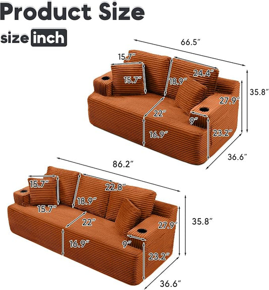 Boneless Sofa Couch Set with Cup Holders & Side Pockets, Modern Corduroy Fabric Upholstered 3-seat Couch & Loveseat Set with 4 Throw Pillows for Living Room, Office, No Assembly (Orange)