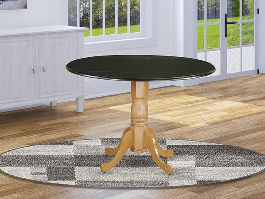 East West Furniture DLT-BOK-TP Dublin Dining Room Table - a Round Solid Wood Table Top with Dropleaf & Pedestal Base, 42x42 Inch, Black & Oak