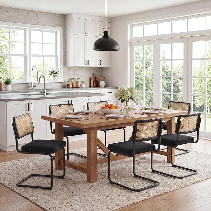 Zesthouse Natural Rattan Dining Chairs Set of 4, Modern Dining Room Chairs with Solid Wood Back for Kitchen Living Room, Mid Century Breuer Design Inspired, Upholstered Velvet Fabric, Black