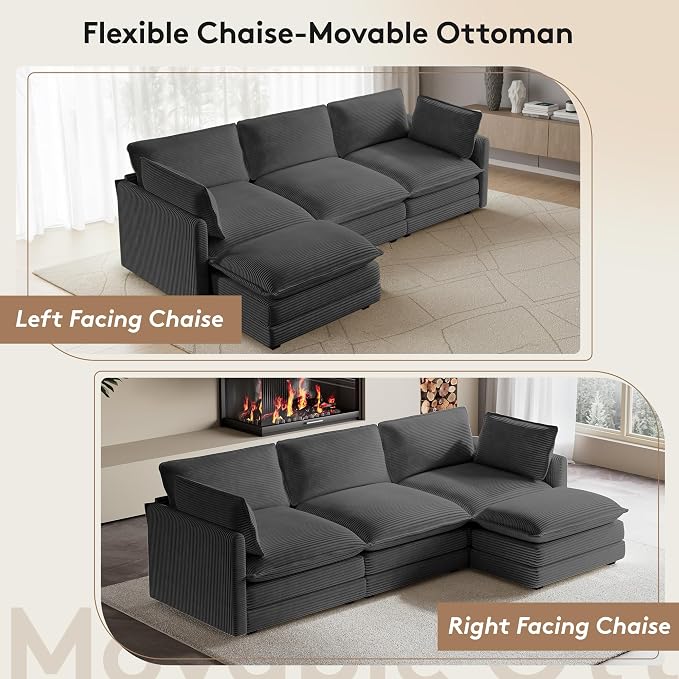 ROWHY 104'' Modular Sectional Cloud Couch with Movable Ottoman, 4 Seat Modern Corduroy Sofa, Deep Seat L Shaped Couch for Living Room Bedroom Apartment, Dark Grey