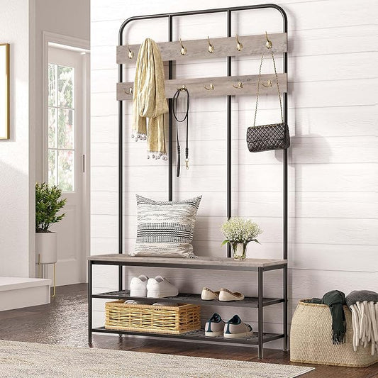 HOOBRO Hall Tree with Bench, Entryway Bench with Coat Rack, Mud Room Rack with 12 Double Hooks and Shoe Storage, Coat Tree, Shoe Organizer, for Foyer, Front Door, Greige and Black BG05MT01