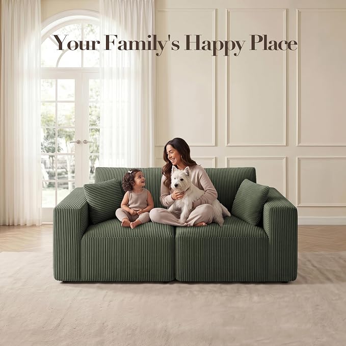 Modular Loveseat Cloud Couch, 79" Memory Foam Boneless Double Sofa, Cozy Upholstered Corduroy Frameless Furniture, No Assembly Required Small Couch for Apartment Living Room Office, Green