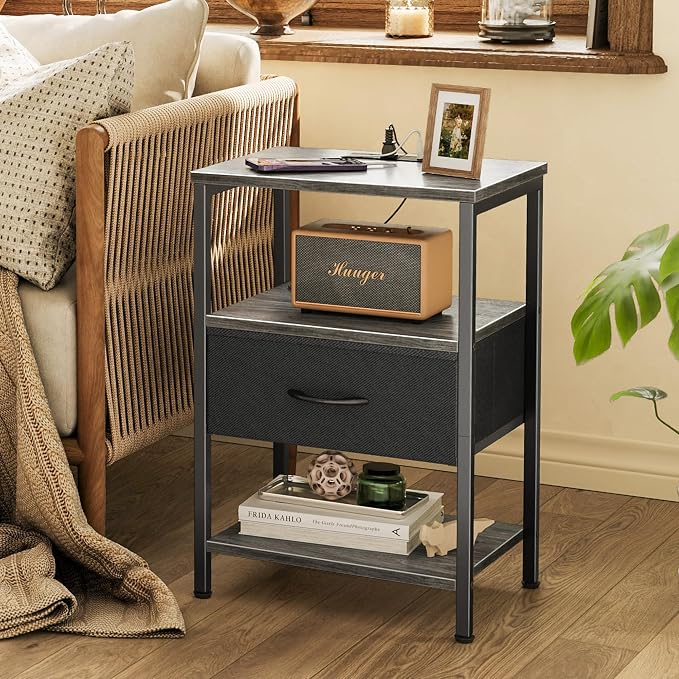 SUPERJARE Nightstand with Charging Station, Bed Side Table with Adjustable Fabric Drawer, Night Stand for Bedroom, 3-Tier Storage End Table, for Living Room, Charcoal Gray