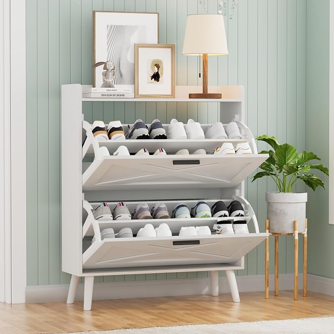 Homleke Farmhouse Shoe Storage Cabinet with Flip Drawers & Barn Door Design | Slim Narrow Shoe Rack Cabinet with Adjustable Shelves & Hidden Storage for Entryway, Foyer, Hallway, Living Room, White