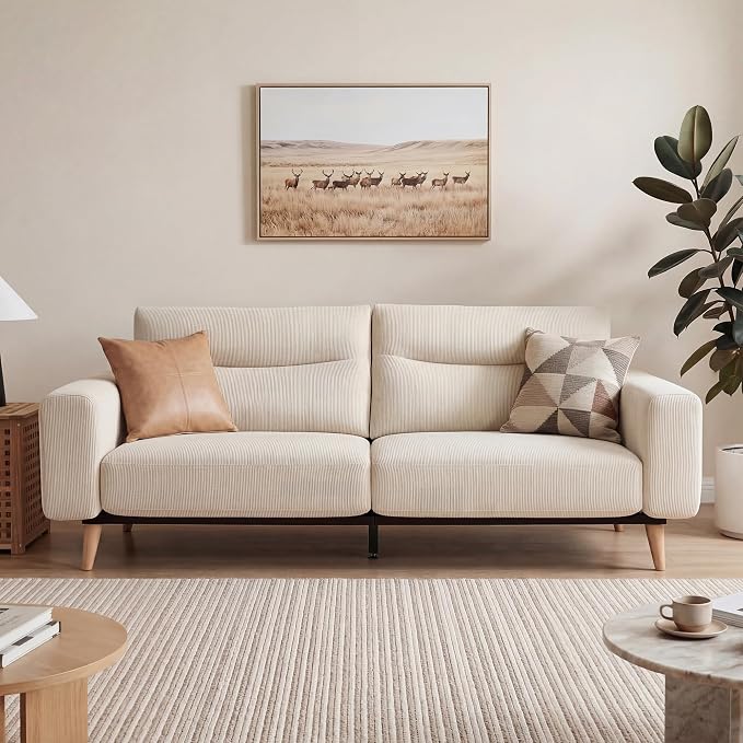Claiks 81" Oversized Loveseat Sofa, Mid Century Modern Couch for Living Room, Bedroom & Apartment, Corduroy Upholstered 2-3 Seater Sofa with Sturdy Metal Frame, Easy Assembly, Beige