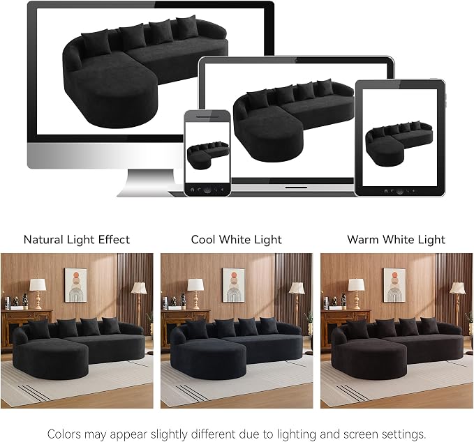 105.5" Boneless Curved Couch, L Shaped 4-Seater Cloud Couch with Deep Seat Chaise, Oversized Curved Sofa, Modular Sectional Couches for Living Room, No Assembly Needed, Black