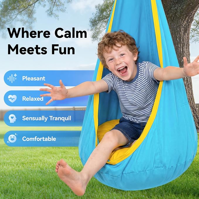 Y-STOP Kids Pod Swing Seat, Hanging Hammock Chair with Inflatable Pillow, Sensory Swing Chair with Pocket for Indoor and Outdoor (Blue Yellow)