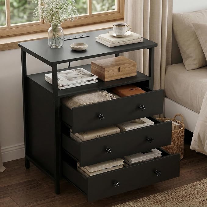 Edbuosy 3 Wooden Drawers Night Stand, 27 Inch Wide Nightstand with Charging Station and Adjustable Drawers, Small Dresser for Closet, Bedside Table for Living Room/Bedroom/Office, Black