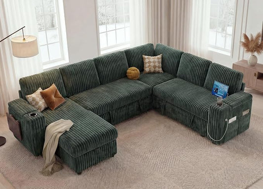 WEUP 111" Modular Sectional Sleeper Sofa with Pull Out Bed, 7 Seat Plush Corduroy L Shaped Couch with Storage Chaise|USB Ports|Cup Holders|Side Table|Storage Armrests, Tool Free Assembly, Green