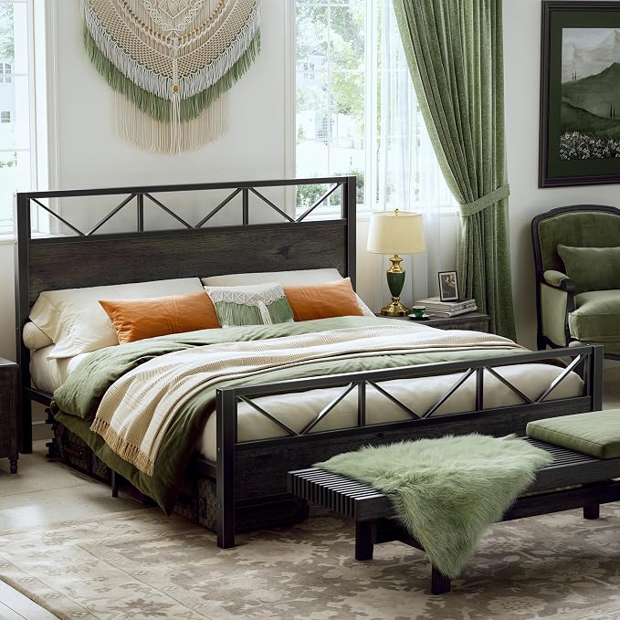 LIKIMIO King Bed Frame, Tall Industrial Headboard 51.2 ", Platform Bed Frame with Strong Metal Support, Solid and Stable, Noise Free, No Box Spring Needed, Easy Assembly, Charcoal Grey