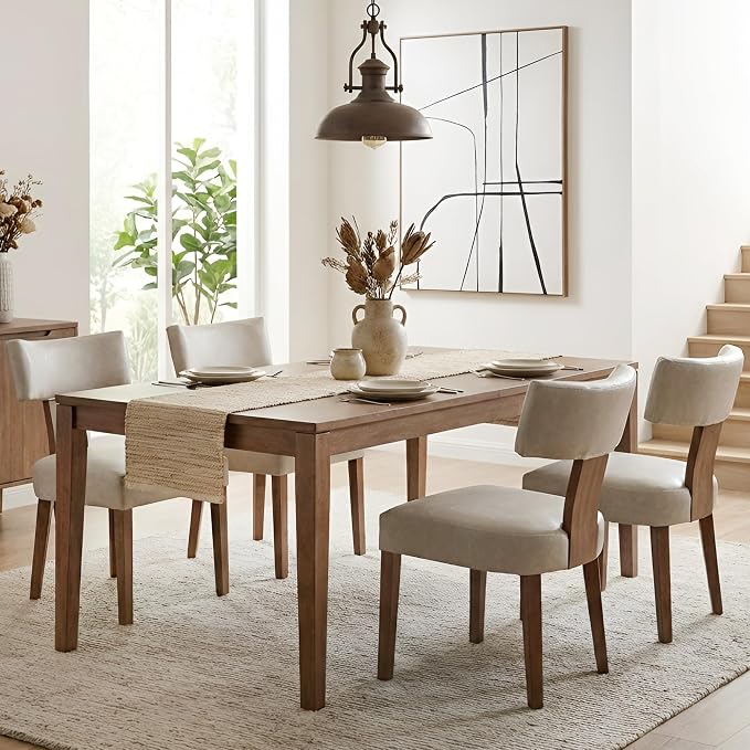 HNY Mid Century Modern Dining Chairs Set of 4, Farmhouse PU Leather Upholstered Accent Chair Curved Backrest Kitchen Chairs, with Hardwood Frame, Grey