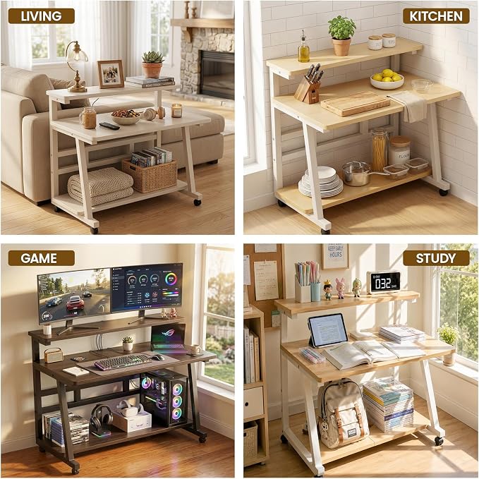 39.4 Inch Compact Rolling Computer Desk with Tier Worktable & Lockable Wheels, Small Computer Desk, Small Desk for Bedroom, Mobile Writing Workstation Easy Assembly for Home Office Small Spaces