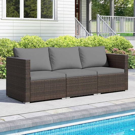 Tangkula 3 Seat Outdoor Wicker Sofa Set, Modular PE Rattan Patio Cushioned Sectional Couch Set, Outside Furniture Set for Deck, Backyard, Porch, Garden & Poolside (Brown-Grey)