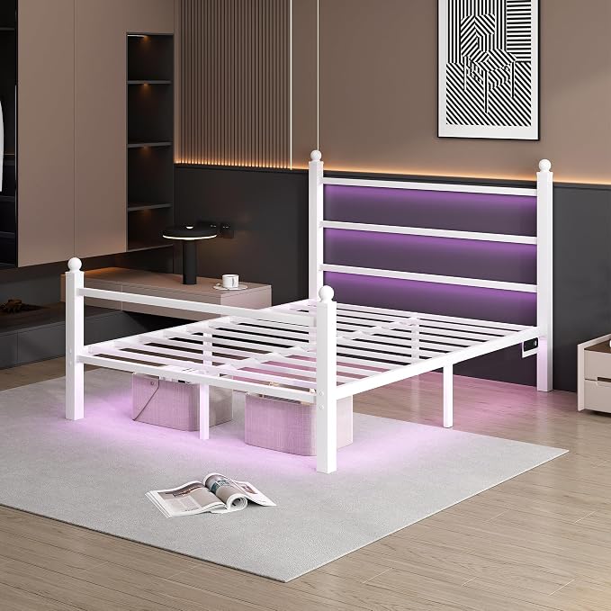 CLIBFENG Full Size Bed Frame with Headboard and Footboard,Steel Slats Support-LED Bed Frame with USB Charging Station,Mattress Foundation-Under Bed Storage,No Box Spring Needed,Noise Free,White