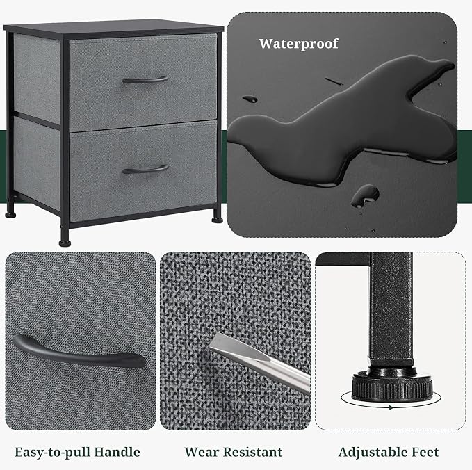 Nightstand, Small 2 Drawer Dresser End Table Bedside Furniture, Wooden Top Fabric Bins for Bedroom, Closet, Entryway, Dorm, 11.8" D x 18" W x 20", Gray