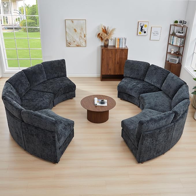 ORRD Curved Half Moon Sectional Sofa, Symmetrical Modular Sectional Couch, Boucle Modular Sectional Sofa with Pillows, Chenille Comfy 6 Seat Couch for Living Room, Black Blue