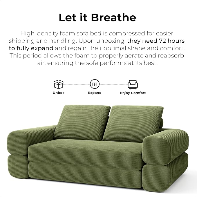 LIKIMIO FlipNest Convertible Sleeper Sofa Bed Floor Sofa 3-in-1 No Assembly, Foldable Mattress with Corduroy Upholstery Olive Green, Lounge Loveseat Couch for Living Room Studio Guest Room