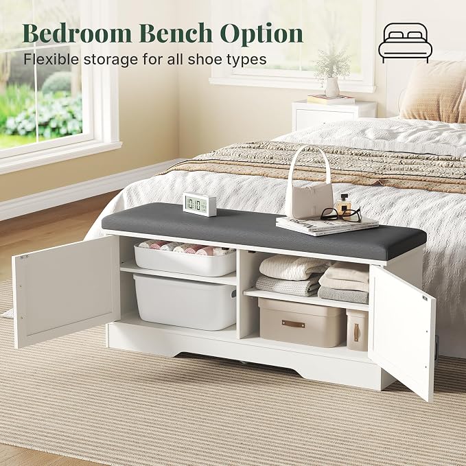 DUMOS 39 Inch Storage Bench, Shoe Organizer Cabinet with Thickened Padded Seat Cushion, Entryway Bench with 2 Doors & Adjustable Shelf for Hallway, Bedroom, Living Room, White
