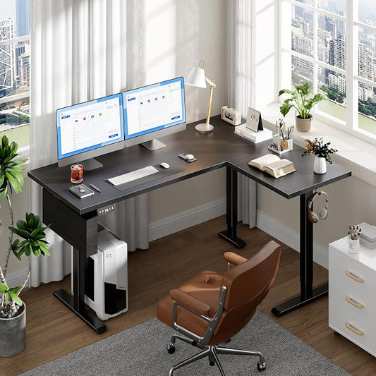 63” L Shaped Electric Standing Desk, Height Adjustable Computer Desk with LED Screen & Memory Presets, Ergonomic Sit to Stand Desk with Headphone Hook for Home, Office and Workstation, Dark Black