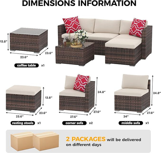 5 Piece Outdoor Patio Furniture Set, Rattan Deck Conversation Sofa Set with Non-Slip Cushions, All-Weather Sectional Sofa with Glass Storage Table and Balcony Footstool, Poolside, Garden, Brown+White