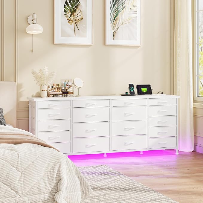 EnHomee 63" W White TV Stand for Living Room, 18 Drawers, LED & Charging | Long Dresser for 65"-75" TV, Deep Drawer, Spacious Storage, Drawers Glide, No Wobbling, Anti-tip, Easy Assembly, Wipes Clean